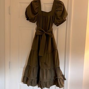 EUC En Saison olive green midi dress with optional waist belt, size XS